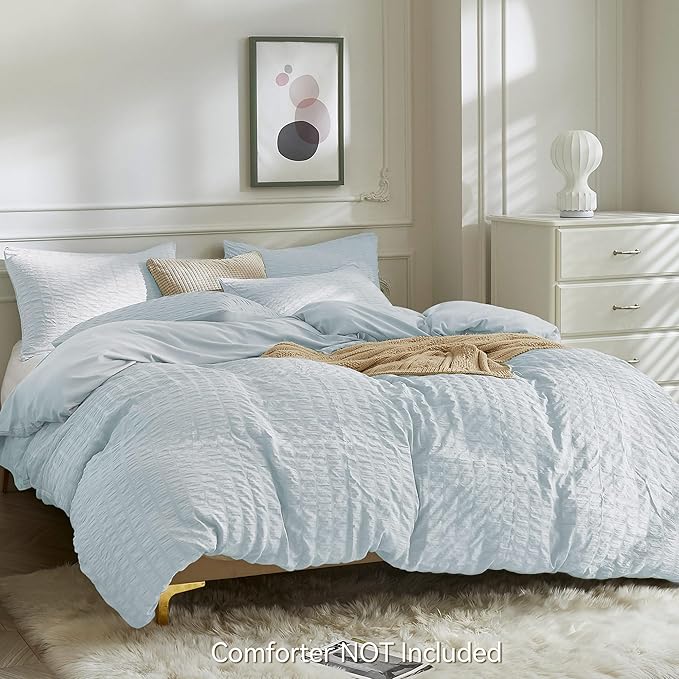 JELLYMONI Baby Blue Duvet Cover Twin Size, Soft Breathable Seersucker Duvet - Image 3