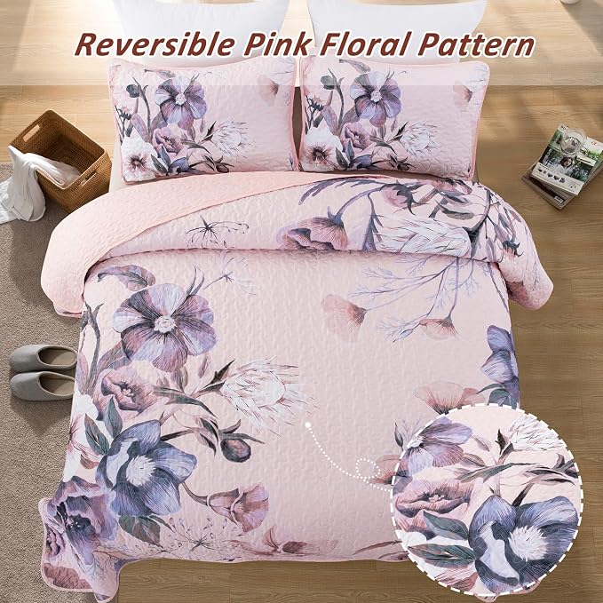 Floral Quilt Set King 3 Pieces Pink Floral Quilt Coverlet Set Soft Microfiber - Image 3