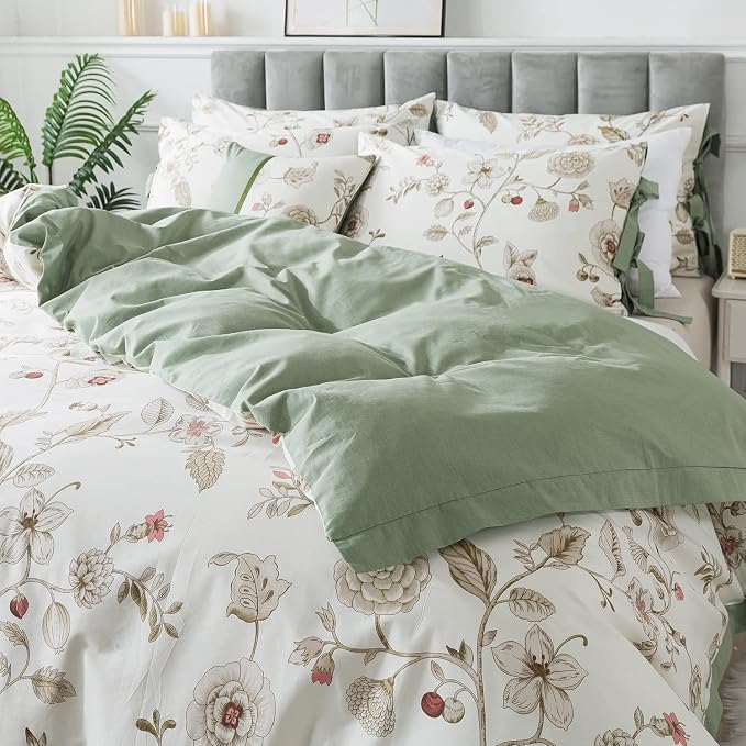 FADFAY Floral Bedding Set King/Cal King 100% Cotton Shabby and Chic Beige Green - Image 9