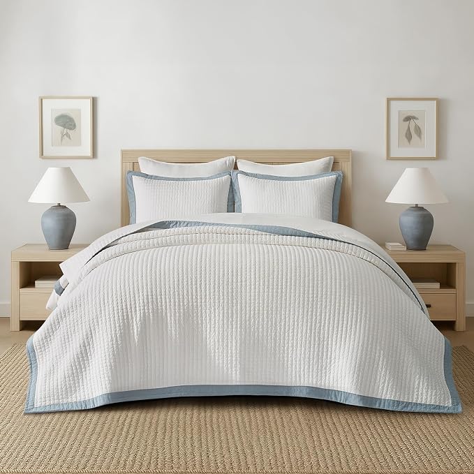 EVERGRACE Cotton Border Frame Tack-Stitch Quilt Bedding Set King Size, Coastal by EVERGRACEHOME