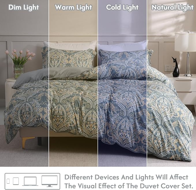 LONAVA Queen Paisley 3 Pcs Duvet Cover Set, Breathable Soft Microfiber Grey - Image 5