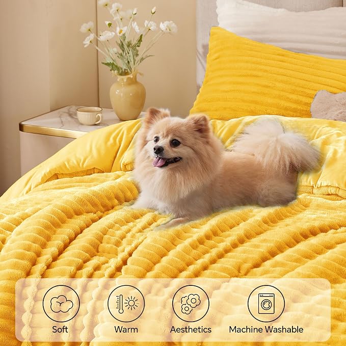 BEDELITE Fleece Twin Comforter Set -Super Soft & Warm Fluffy Bright Yellow - Image 3