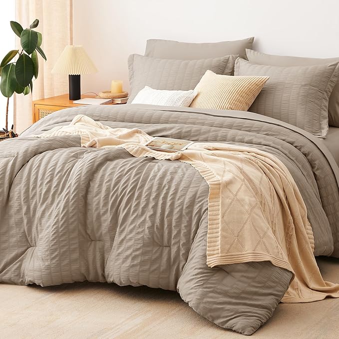 CozyLux Queen Comforter Set Khaki Seersucker 7 Pieces Bed in a Bag Queen by CozyLux