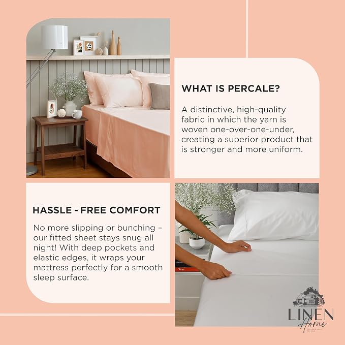 Linen Home 100% Cotton Percale Weave Fitted Sheet, Twin Size, Tropical Peach - Image 4