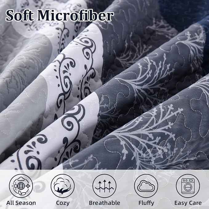 DJY Stripe Quilt Set King Size Navy Blue Bedspread Coverlet Set 3 Pieces Boho - Image 5