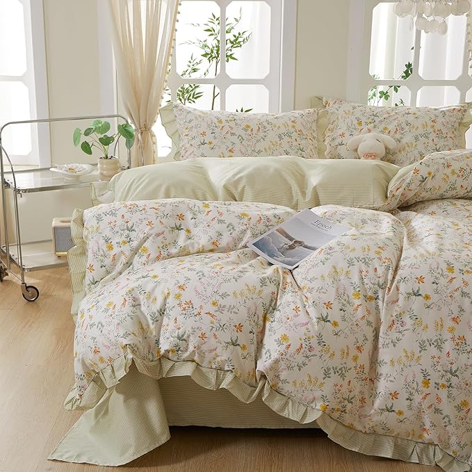 mixinni 100% Cotton Duvet Cover Set Twin, Reversible Spring Floral Ruffle Green by mixinni