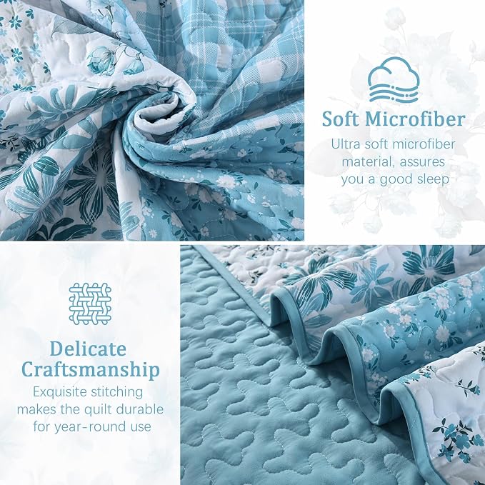 Mybedsoul Blue Patchwork Queen Size Quilt, Soft Boho Floral Spring Bedspreads - Image 6