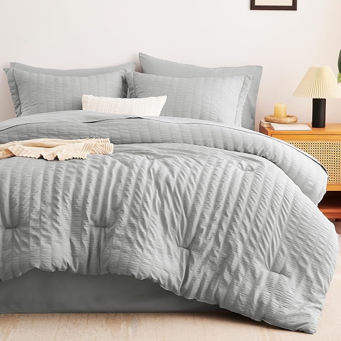 CozyLux Oversized Queen Comforter Set Light Grey Seersucker 7 Pieces 98x98 Bed - Image 9