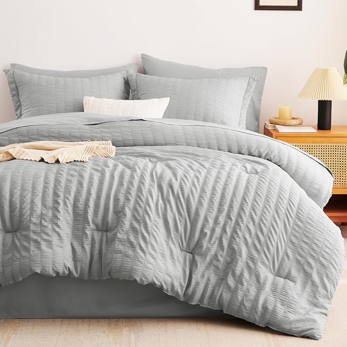 CozyLux Oversized King Comforter Set Light Grey Seersucker 7 Pieces 120x98 Bed - Image 9