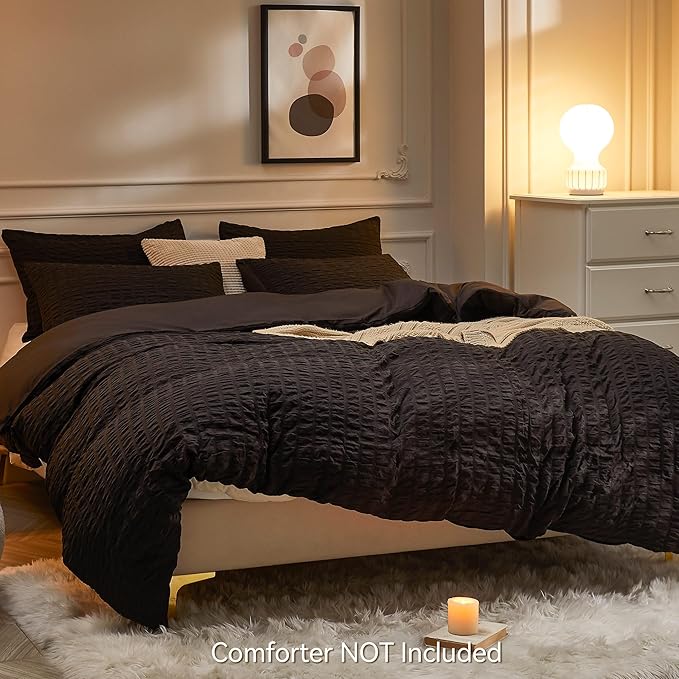 JELLYMONI Black Duvet Cover Queen Size, Soft Breathable Seersucker Duvet Cover - Image 3