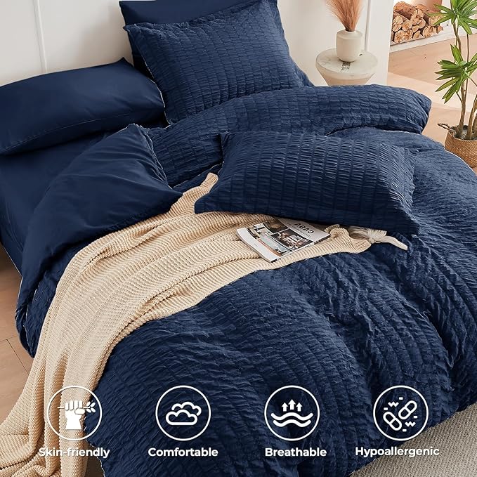 HYMOKEGE Navy Blue Oversized Queen Comforter Set Seersucker 7 Pieces, All - Image 3