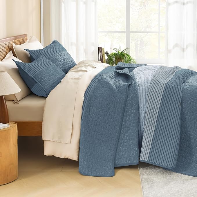 Litanika Oversized King Quilt Set Blue Linen, 128x120 Stripe Bedspread Coverlet - Image 2