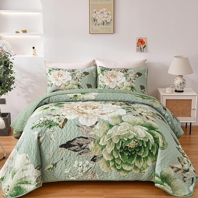 WONGS BEDDING Sage Green Floral Quilt Set King, 3 Pieces Elegant Flower by WONGSBEDDING
