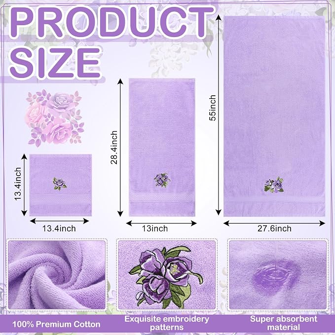 3 Pcs Rustic Purple Roses Bathroom Towel Set Farmhouse Embroidered Purple Roses - Image 2