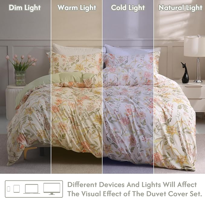 LONAVA King Floral 3 Pcs Duvet Cover Set, Breathable Soft Microfiber Glass - Image 5