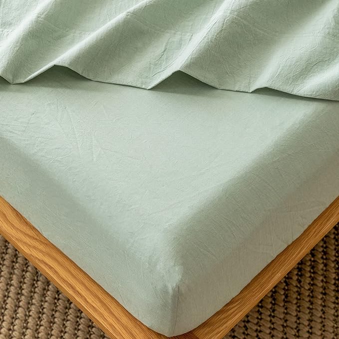 MooMee Fitted Bottom Sheet Only 100% Washed Cotton Linen Like Textured by MOOMEE