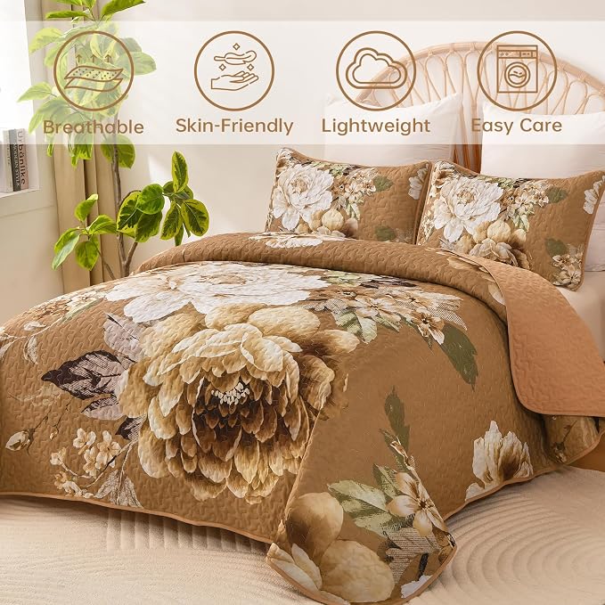 WONGS BEDDING Floral Quilt Set Brown Queen, Quilted Printed Lightweight - Image 2