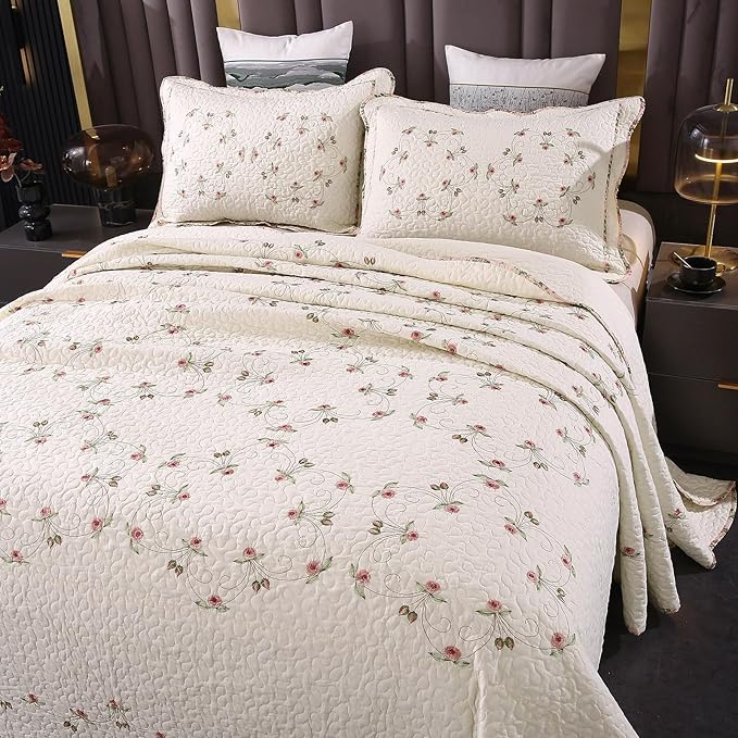 Quilt Set Floral Leaves 3D Embroidery Pattern 3 PCS Cotton Reversible Quilted by ROOMLIFE
