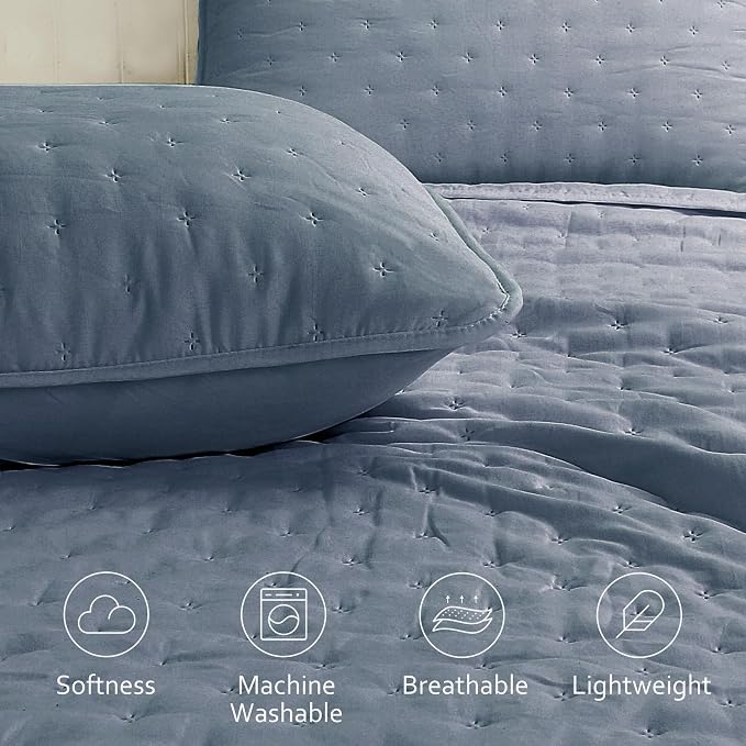 ROARINGWILD Dusty Blue King Size Quilt Bedding Set, Lightweight Soft Bedspread - Image 3