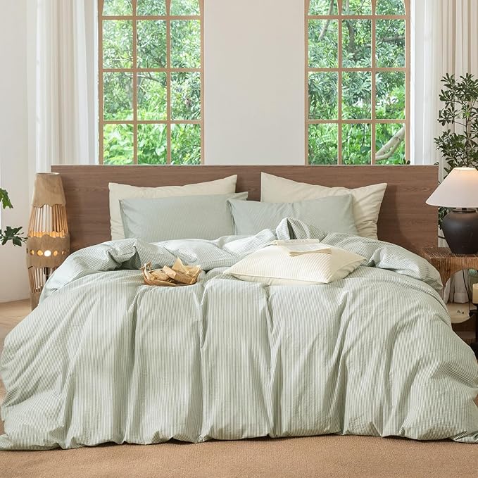MooMee Striped Duvet Cover Set 100% Washed Cotton Linen Like Textured - Image 2