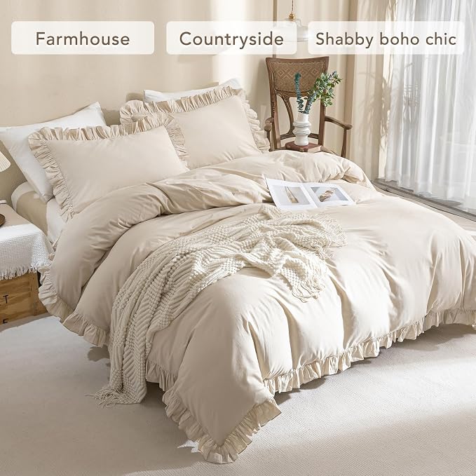 QSH Washed Cotton Duvet Cover King Ruffle Duvet Cover Linen Feel Textured - Image 4
