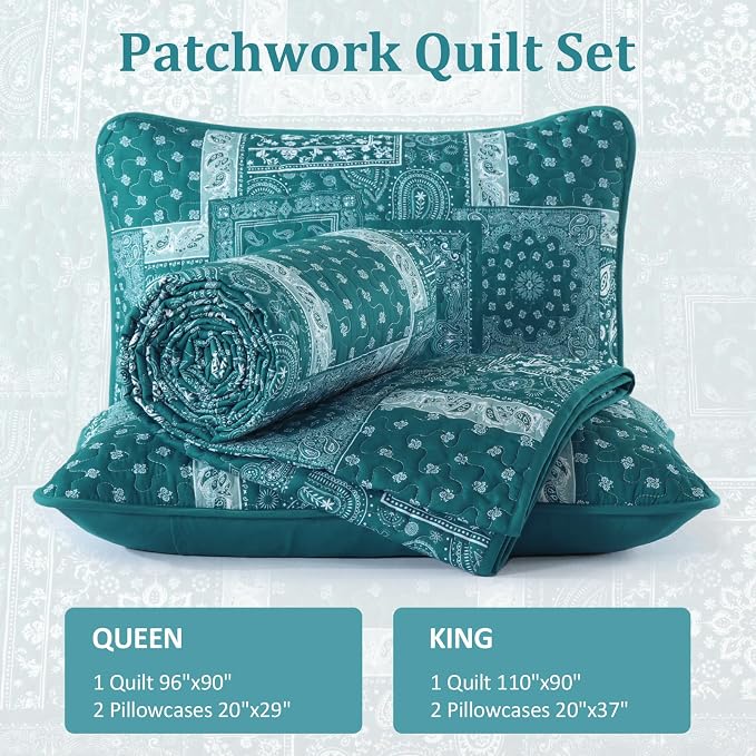 Cottolester Teal Patchwork Quilt Set Queen Size, 3 Pieces Boho Paisley Quilt Set - Image 6