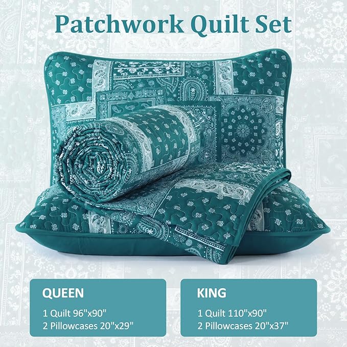 Cottolester Teal Patchwork Quilt Set King Size, 3 Pieces Boho Paisley Quilt Set - Image 6