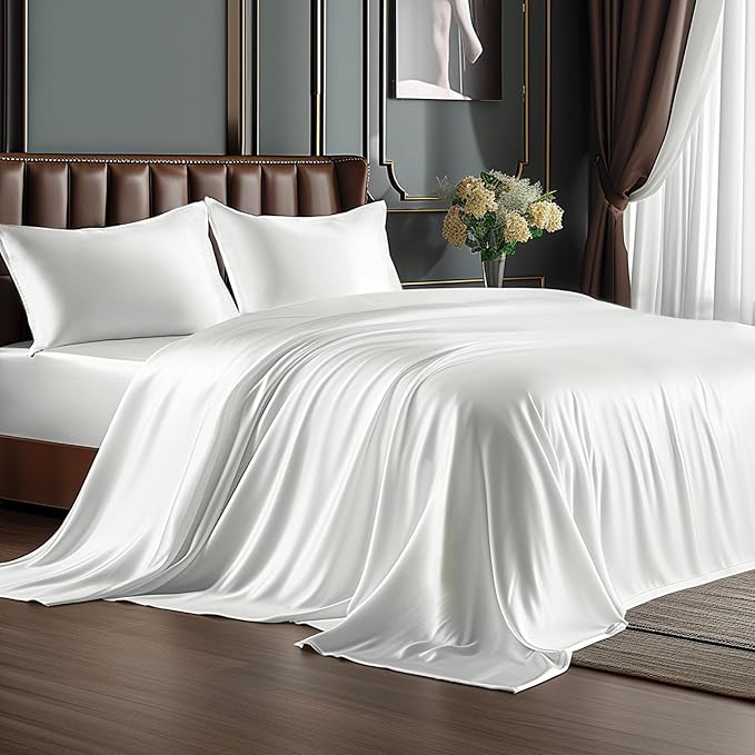 BEDELITE Satin Sheets Twin XL Size Bed Set, Luxury Soft White Silky Sheets by BEDELITE
