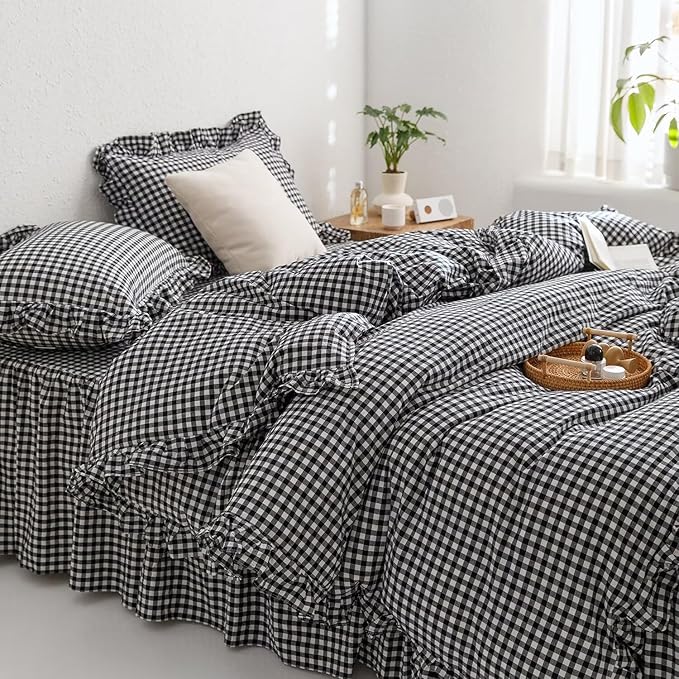 MKXI Black and White Gingham Duvet Cover King, 3-Piece Ruffled Bedding Set by MKXI