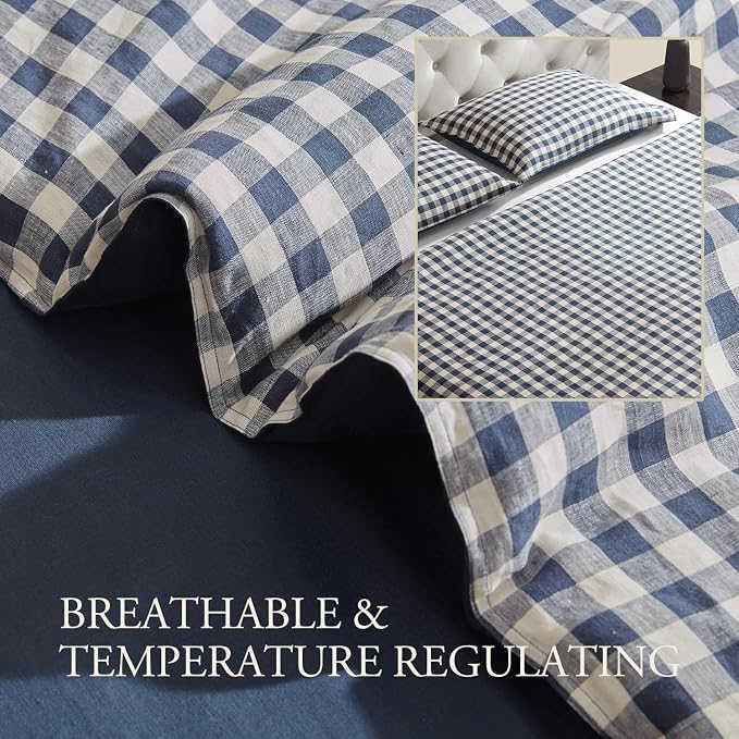 DAPU Linen Duvet Cover King, Yarn Dyed Gingham Check Plaid 100% Washed Linen - Image 4