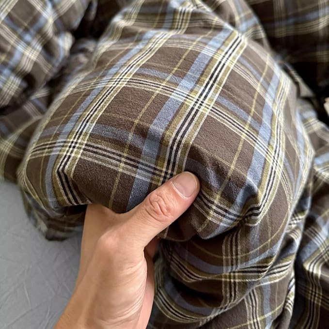 PinkMemory Brown Blue Gingham Buffalo Plaid Duvet Cover Queen 100% Washed - Image 7