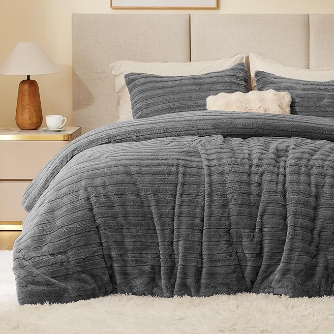BEDELITE Fleece Queen Comforter Set -Super Soft & Warm Fluffy Grey Faux Fur by BEDELITE