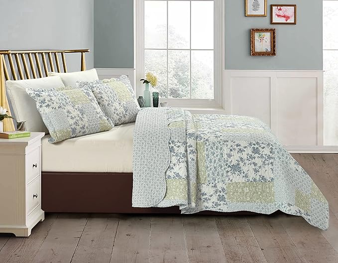 Brilliant Sunshine Multi Blue and Beige Floral Patchwork, 3-Piece Quilt Set - Image 2