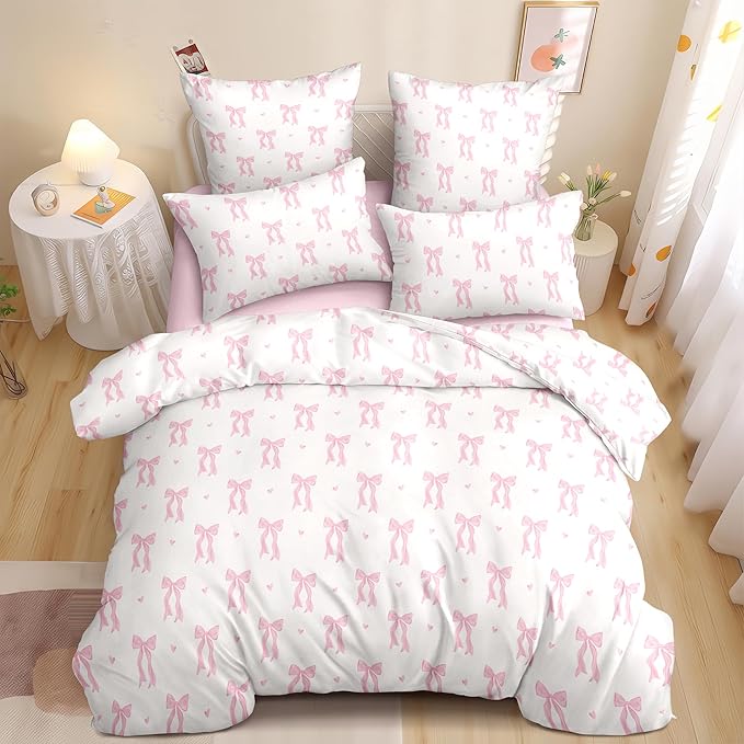 Nayoroom Pink Bow Duvet Cover Queen Size Heart Duvet Cover Coquette Bedding Set by Nayoroom