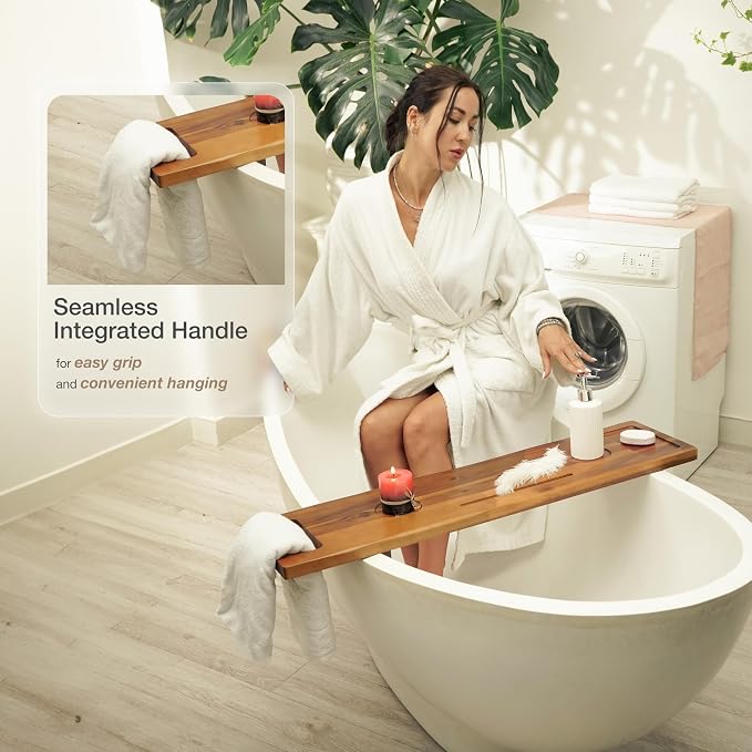 Tinamo Acacia Bathtub Caddy Tray Table | 39 x 9.75 x 2.5 Inch Large Bath Tub - Image 5