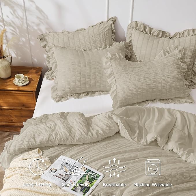 JOLLYVOGUE King Size Comforter Set, 3 Pieces Linen Seersucker Comforters King - Image 2