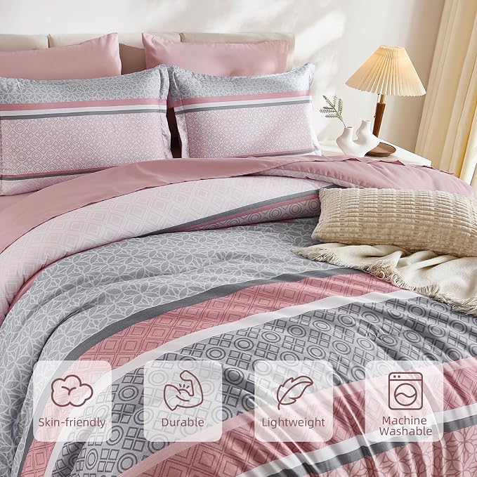 WONGS BEDDING Pink King Comforter Set 7 Pieces, Boho Striped Bed in a Bag Queen - Image 4