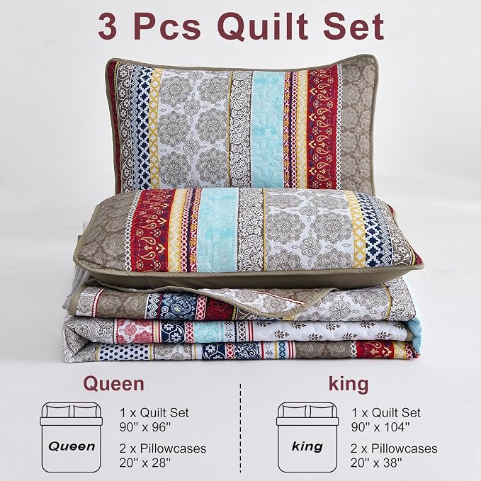 WONGS BEDDING Boho Quilt Set Queen Size, Lightweight Microfiber Bedspread - Image 7
