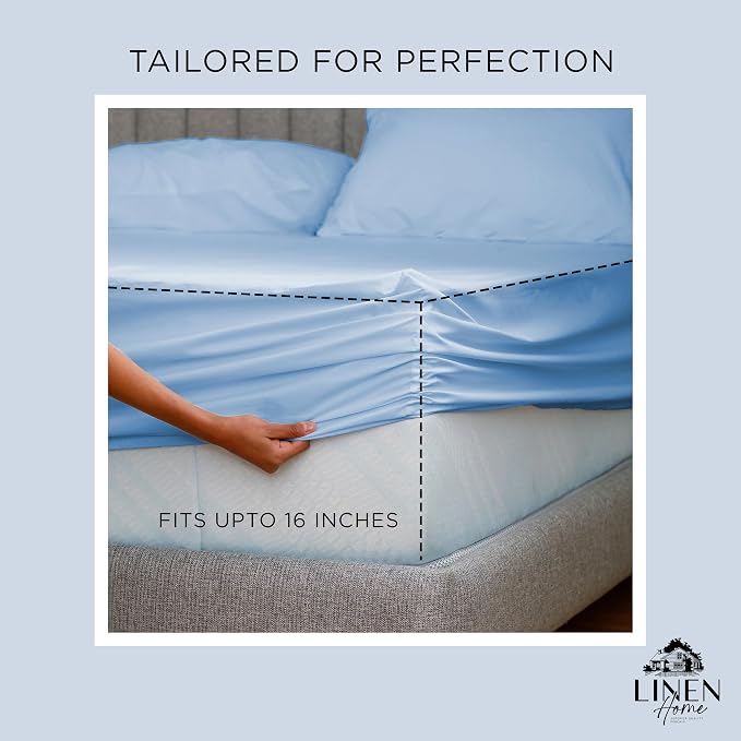 Linen Home 100% Cotton Percale Weave Fitted Sheet, Twin Size, Baby Blue - Image 3