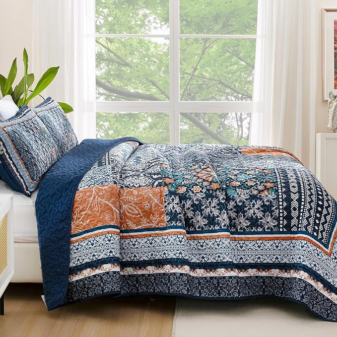 WONGS BEDDING Navy Blue Quilt Set Full Size, Bohemian Patchwork Bedspread - Image 3