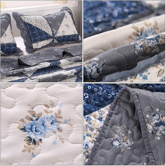Full Queen Size Patchwork Quilt Set Grey Floral Reversible Quilted Bedspread - Image 6