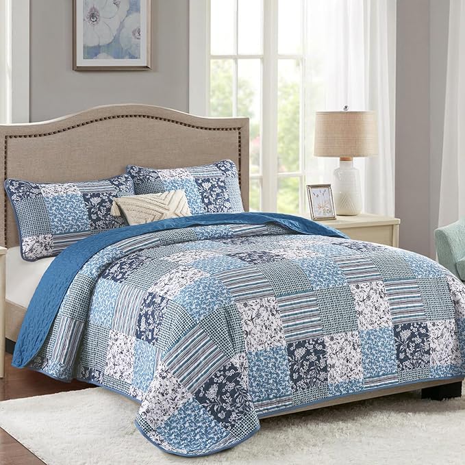 Mybedsoul Navy Blue Quilt Set King Size, 3 Pieces Plaid Floral Bedspread Set - Image 2