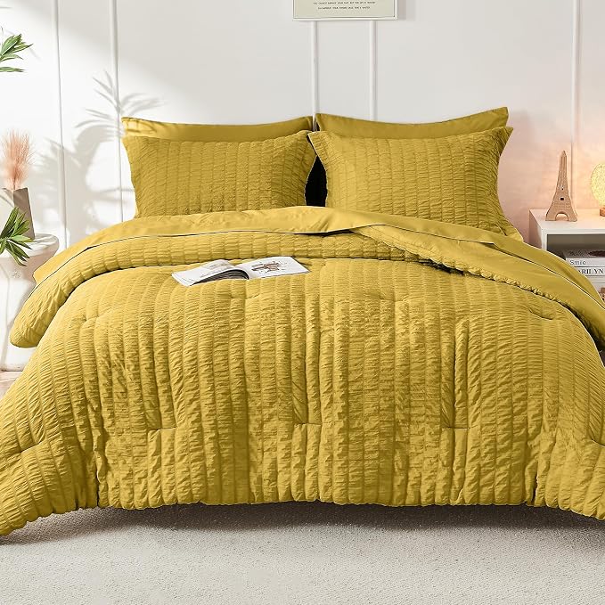 HYMOKEGE Mustard Yellow Full Size Comforter Sets Seersucker 7 Pieces, All - Image 9