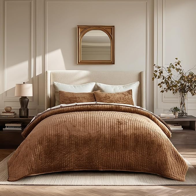 EVERGRACE Velvet Quilt Set Queen Size, Luxurious Soft Striped Channel Bedding by EverGrace