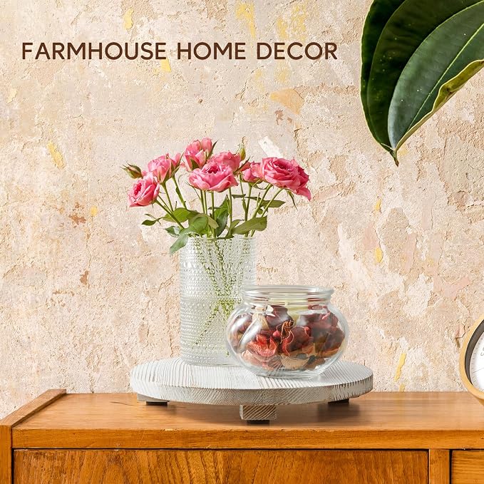 Small Round Decorative Tray White Washed Wood Bathroom Counter Organizer - Image 7