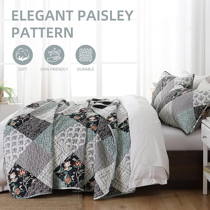 Xruibed Floral Plaid Patchwork Quilt Set Queen Size 3 Pieces Blue Gray - Image 4
