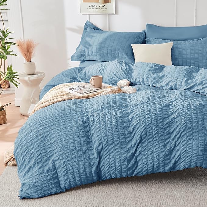 HYMOKEGE Mineral Blue King Size Comforter Set Seersucker 7 Pieces, All Season - Image 2