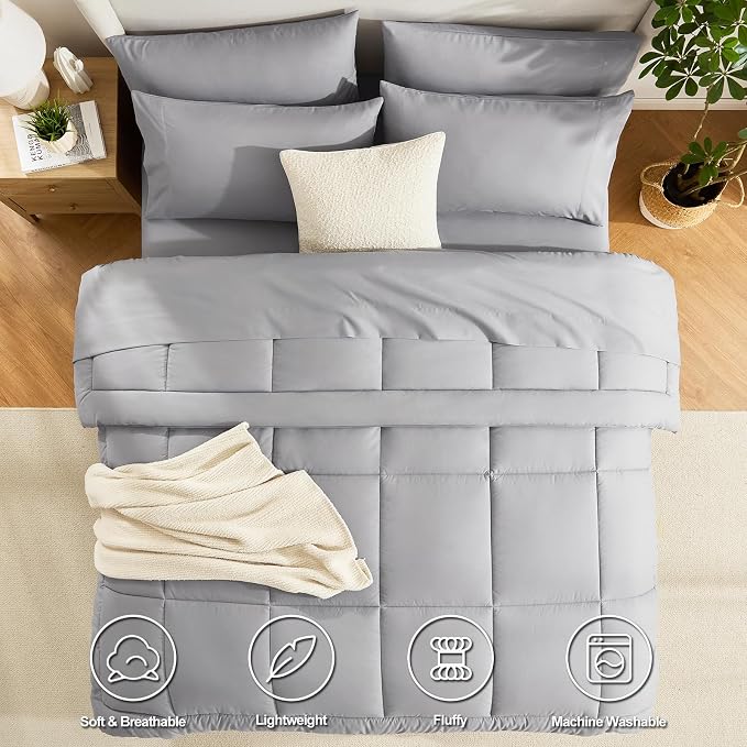 CozyLux Queen Comforter Set Grey, 7 Pieces Bed in a Bag, All Season Bedding Sets - Image 2