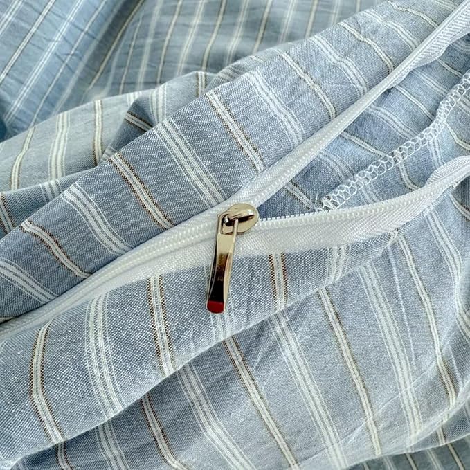 PinkMemory Blue Striped Duvet Cover Set Queen 100% Washed Cotton Blue Stripes - Image 6