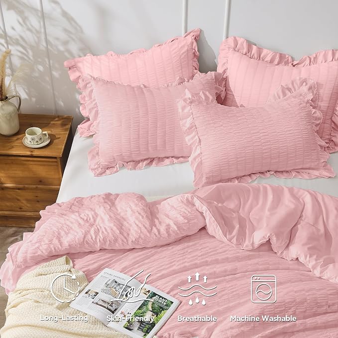 JOLLYVOGUE Pink Comforter Full Size, 3 Pieces Seersucker Lightweight Full Size - Image 2
